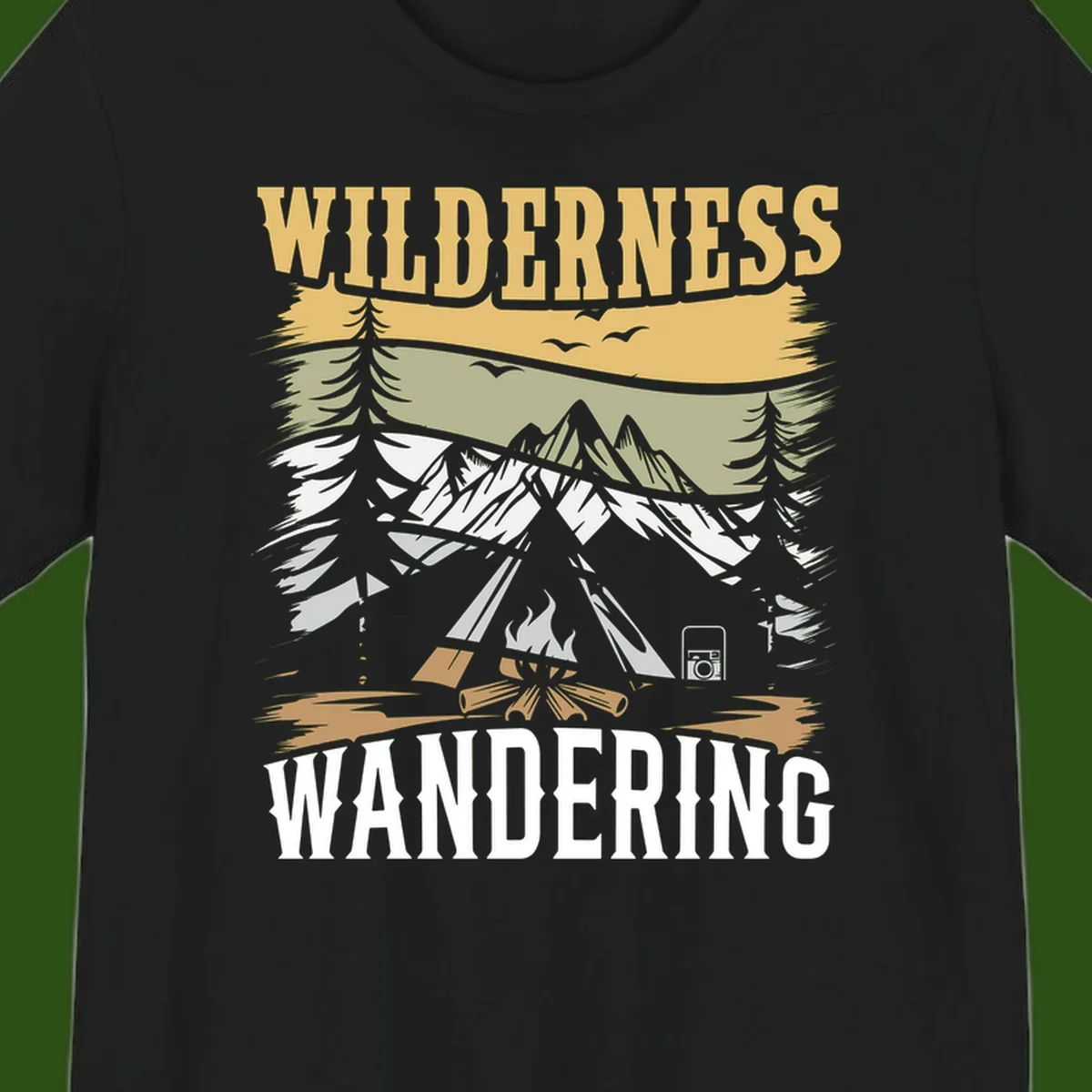 Vintage wilderness wandering design featuring snow mountains, tent, campfire, and evergreen trees with layered landscape bands