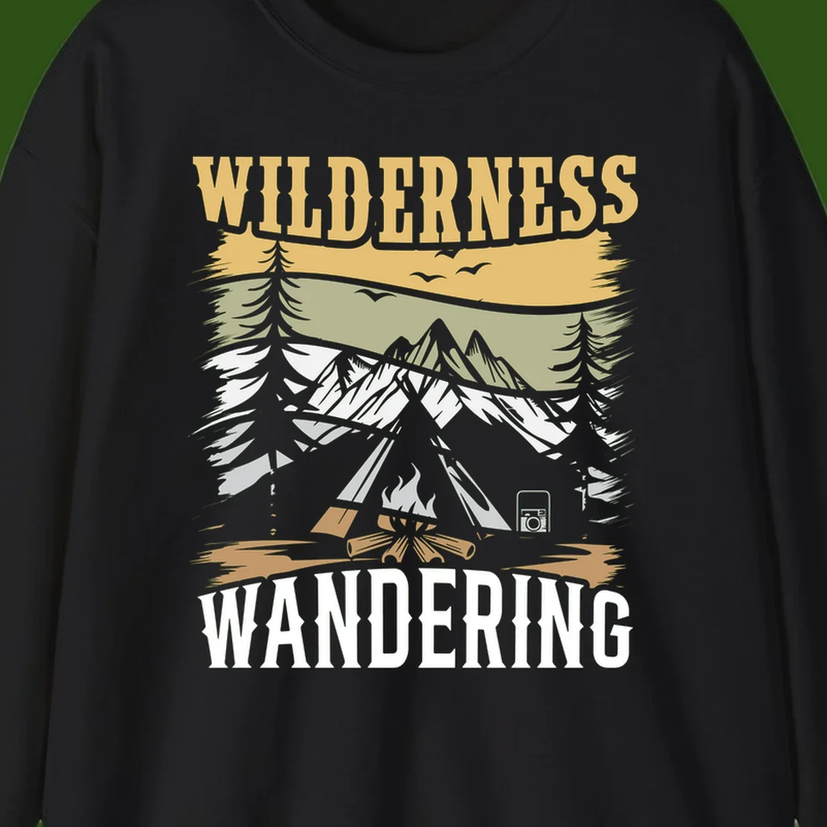 Vintage wilderness wandering design featuring snow mountains, tent, campfire, and evergreen trees with layered landscape bands