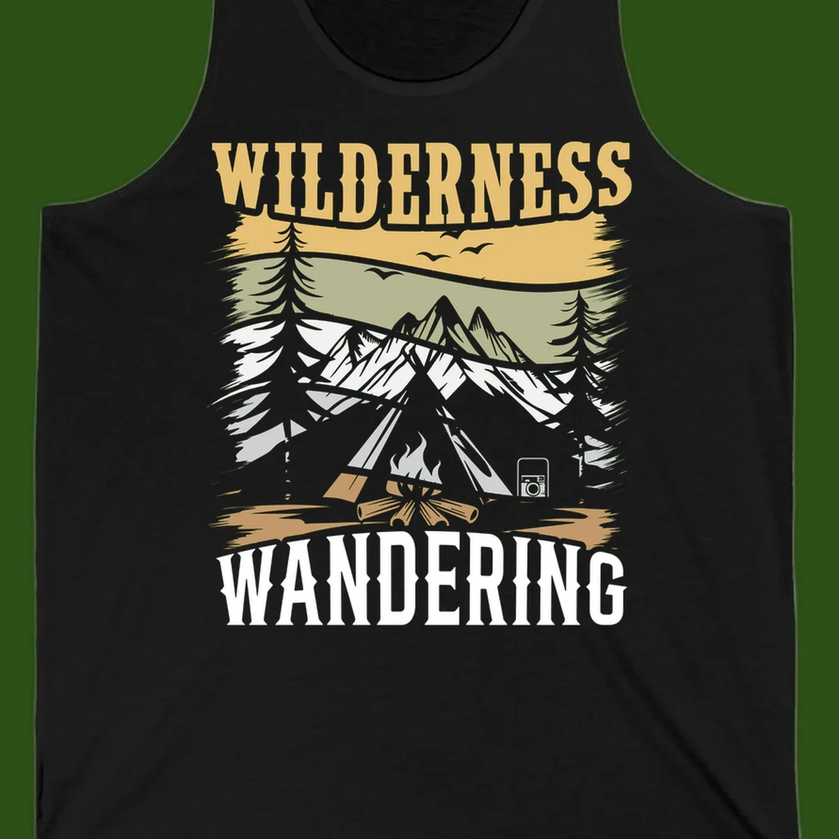 Vintage wilderness wandering design featuring snow mountains, tent, campfire, and evergreen trees with layered landscape bands