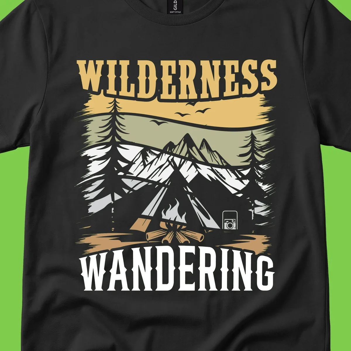 Vintage wilderness wandering design featuring snow mountains, tent, campfire, and evergreen trees with layered landscape bands