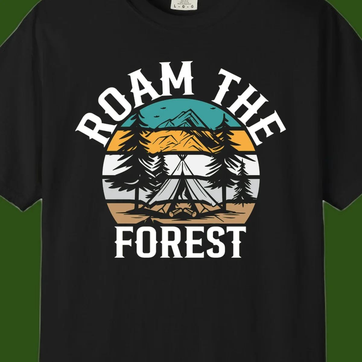 Roam the forest camping badge with tent, campfire, and layered landscape design in teal, gold, and white