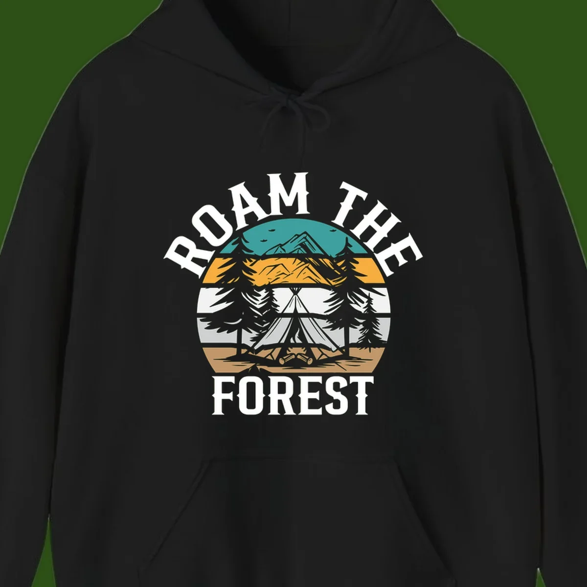 Roam the forest camping badge with tent, campfire, and layered landscape design in teal, gold, and white