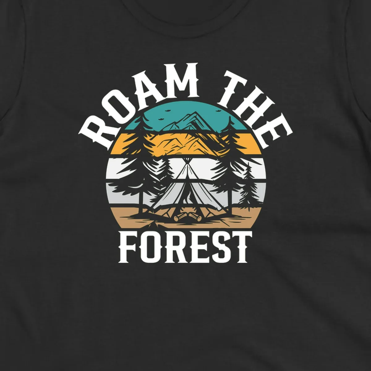 Roam the forest camping badge with tent, campfire, and layered landscape design in teal, gold, and white