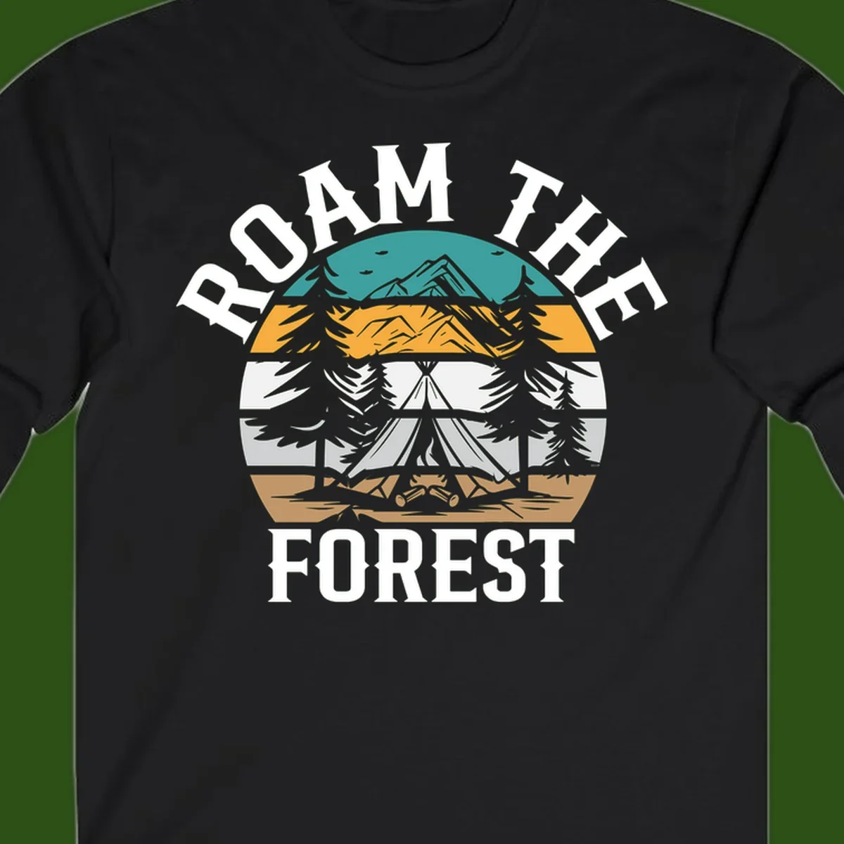Roam the forest camping badge with tent, campfire, and layered landscape design in teal, gold, and white