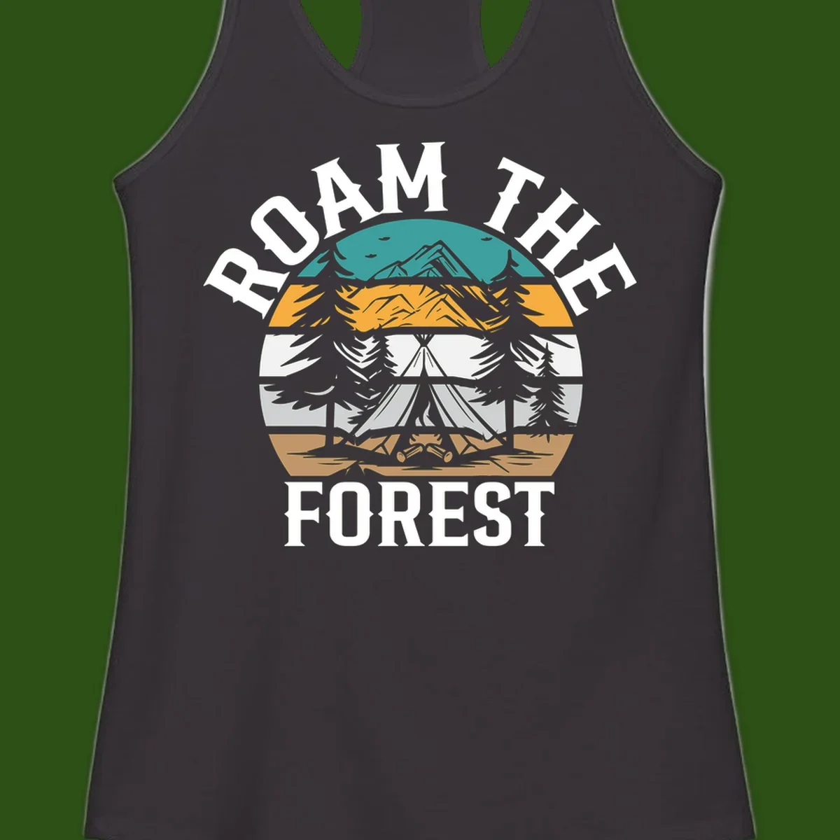 Roam the forest camping badge with tent, campfire, and layered landscape design in teal, gold, and white