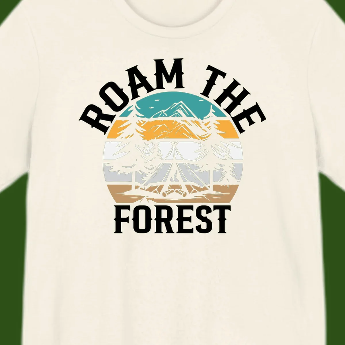 Roam the forest camping badge with tent, campfire, and layered landscape design in teal, gold, and white