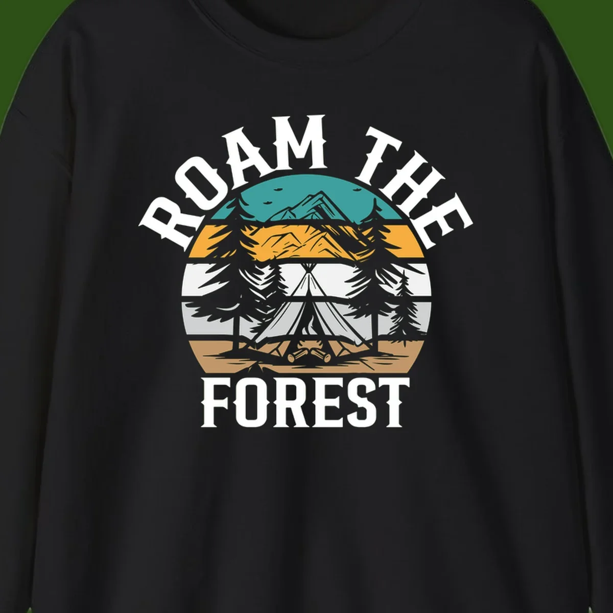 Roam the forest camping badge with tent, campfire, and layered landscape design in teal, gold, and white