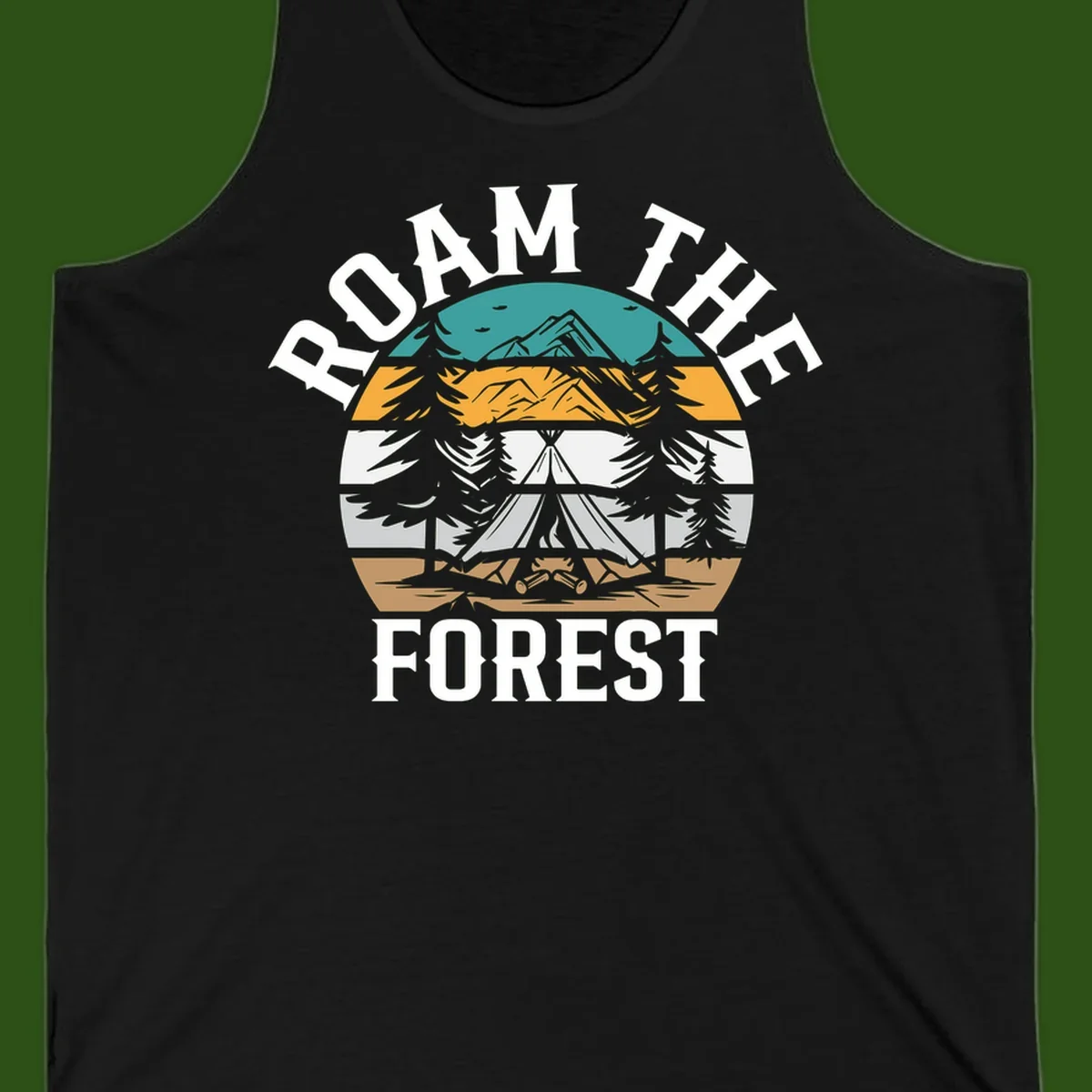 Roam the forest camping badge with tent, campfire, and layered landscape design in teal, gold, and white