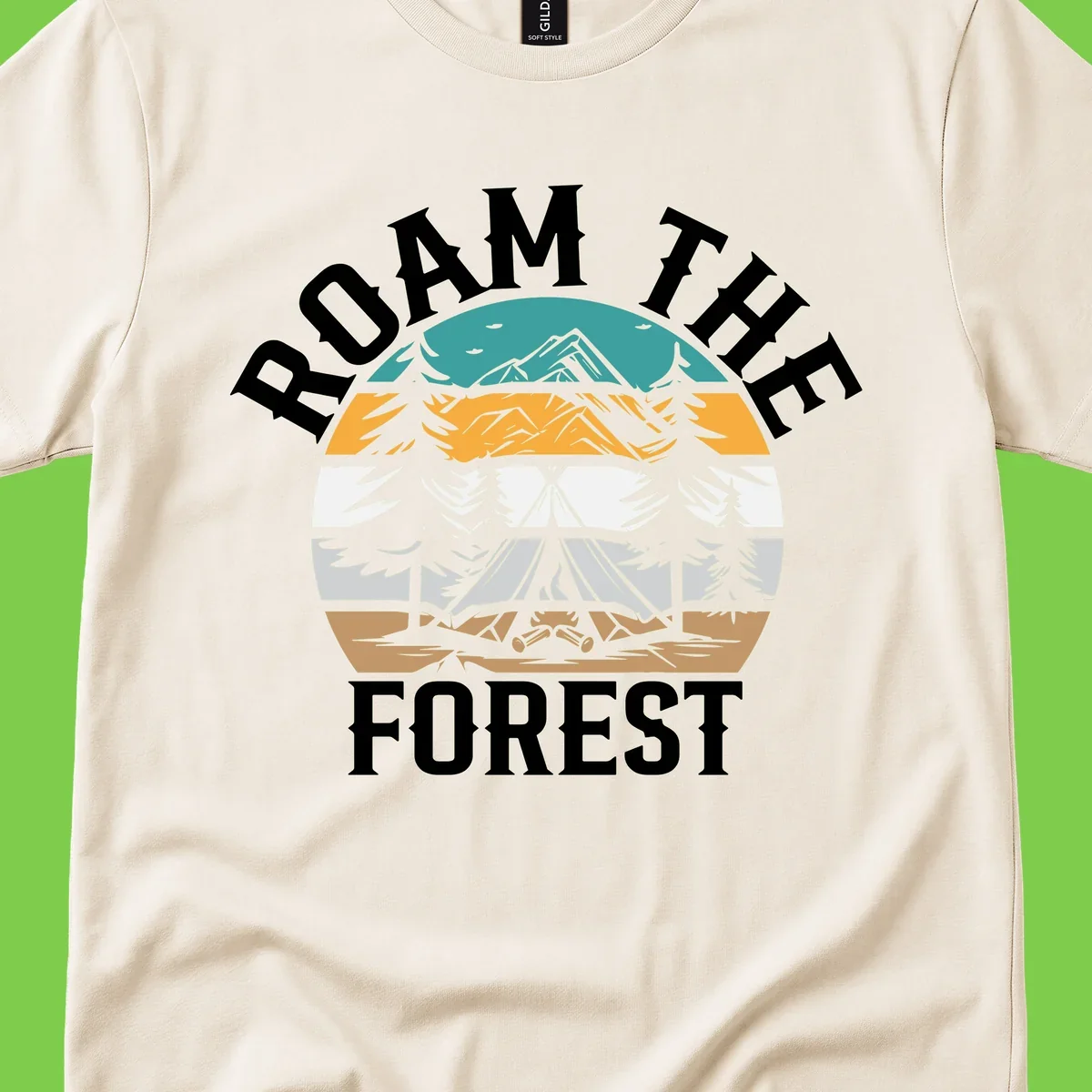 Roam the forest camping badge with tent, campfire, and layered landscape design in teal, gold, and white