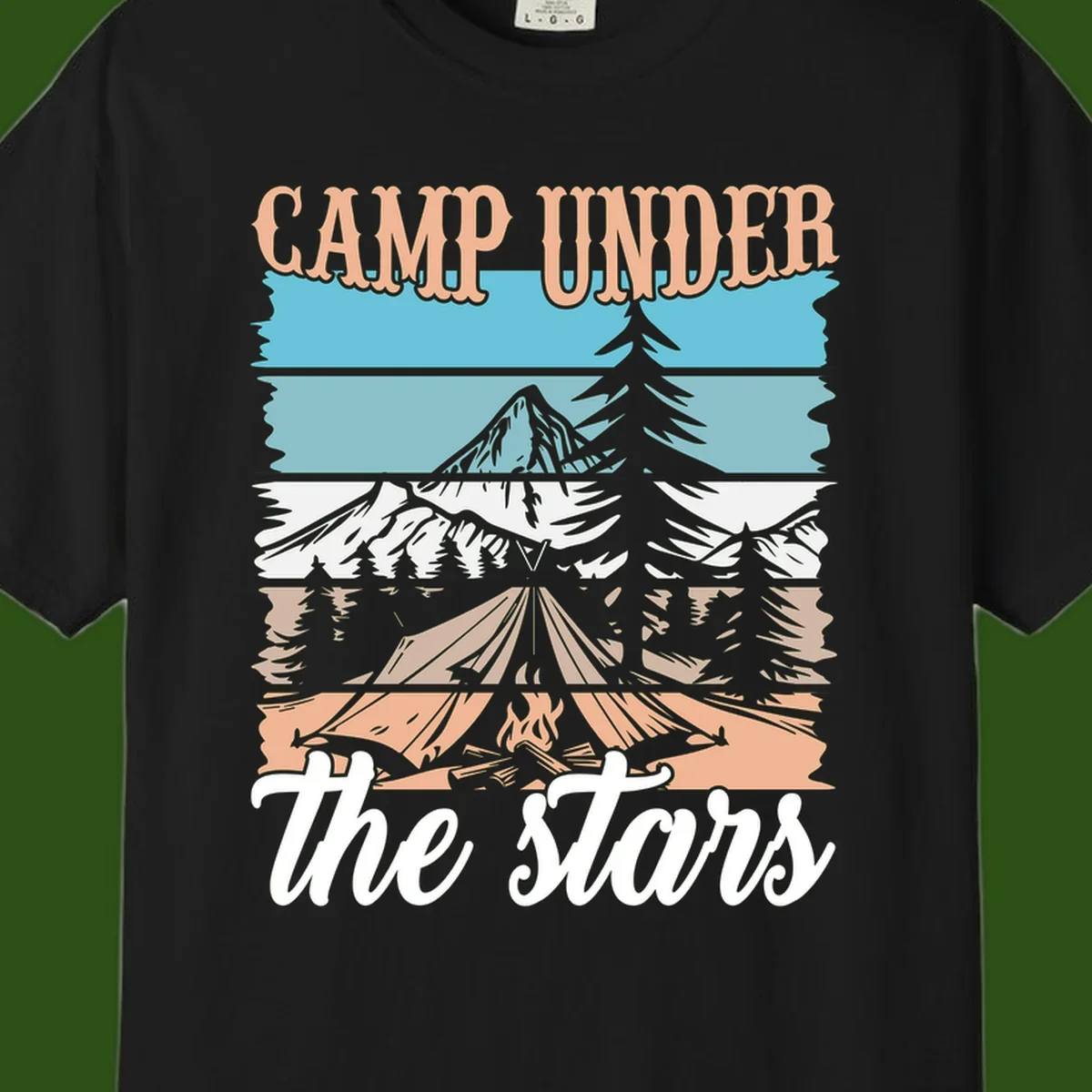 Layered camping scene illustration featuring campfire, tent, mountains, trees, and stars with 'Camp Under the Stars' text