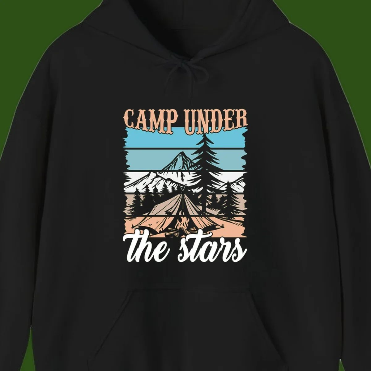 Layered camping scene illustration featuring campfire, tent, mountains, trees, and stars with 'Camp Under the Stars' text