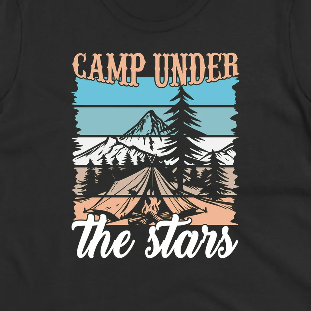 Layered camping scene illustration featuring campfire, tent, mountains, trees, and stars with 'Camp Under the Stars' text