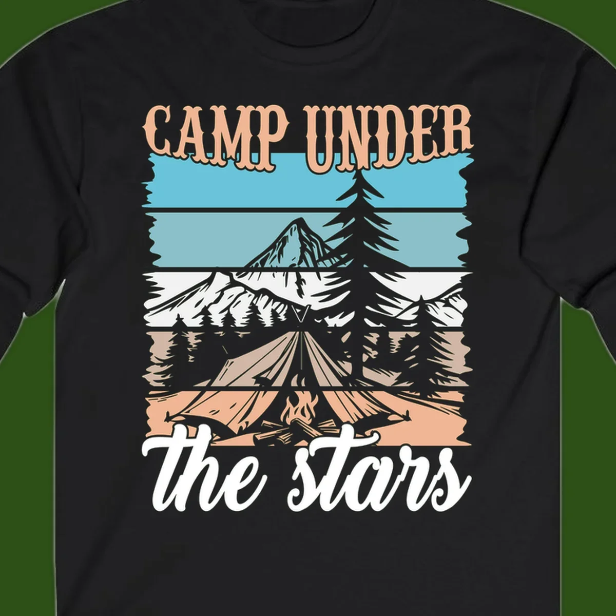 Layered camping scene illustration featuring campfire, tent, mountains, trees, and stars with 'Camp Under the Stars' text