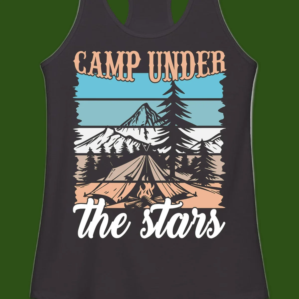 Layered camping scene illustration featuring campfire, tent, mountains, trees, and stars with 'Camp Under the Stars' text