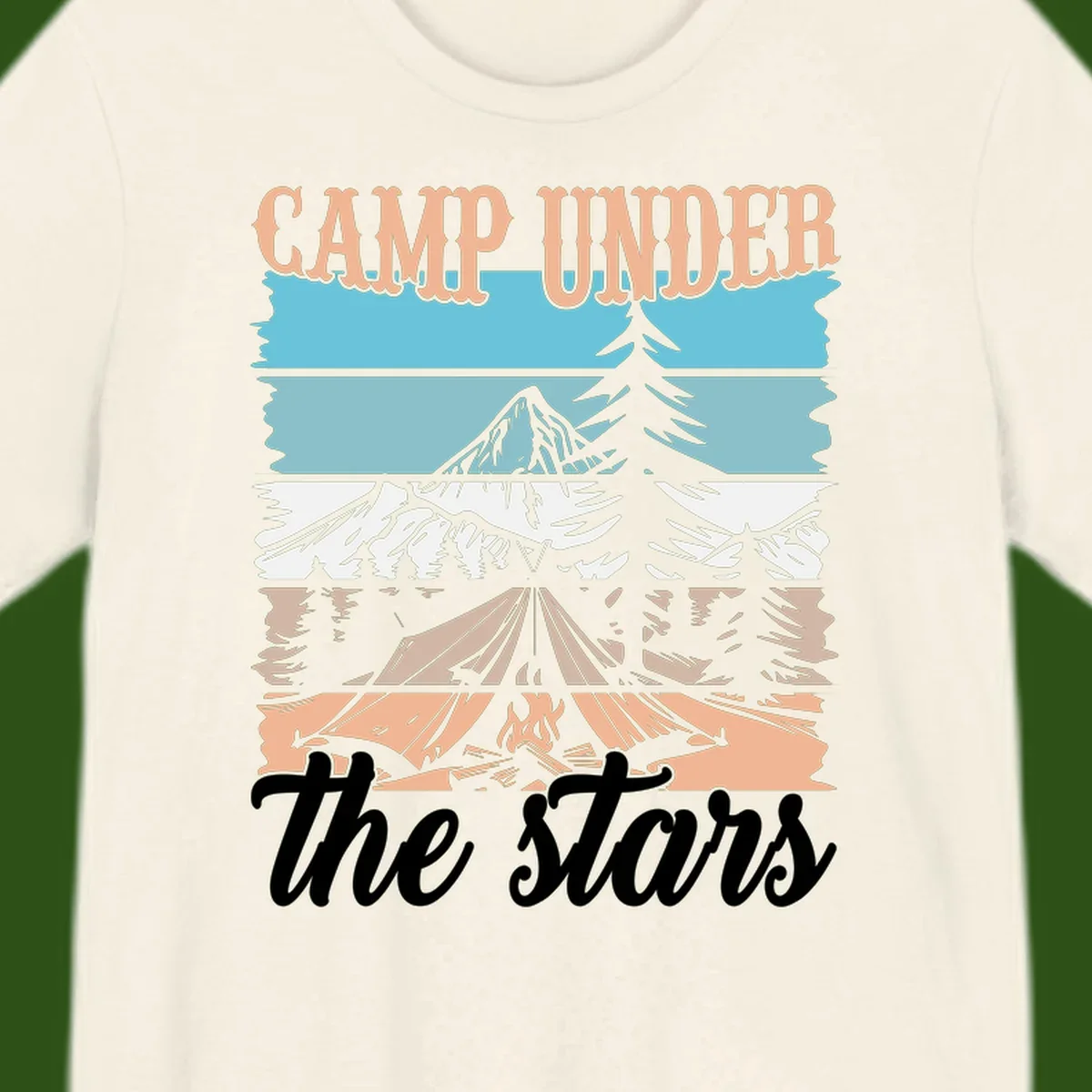Layered camping scene illustration featuring campfire, tent, mountains, trees, and stars with 'Camp Under the Stars' text