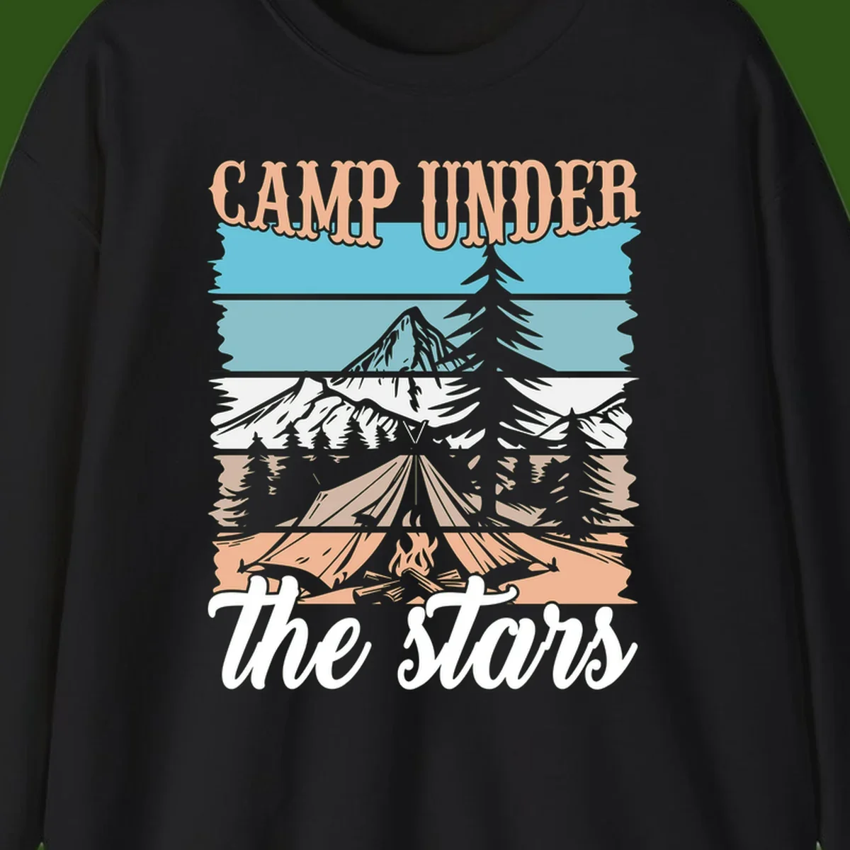Layered camping scene illustration featuring campfire, tent, mountains, trees, and stars with 'Camp Under the Stars' text