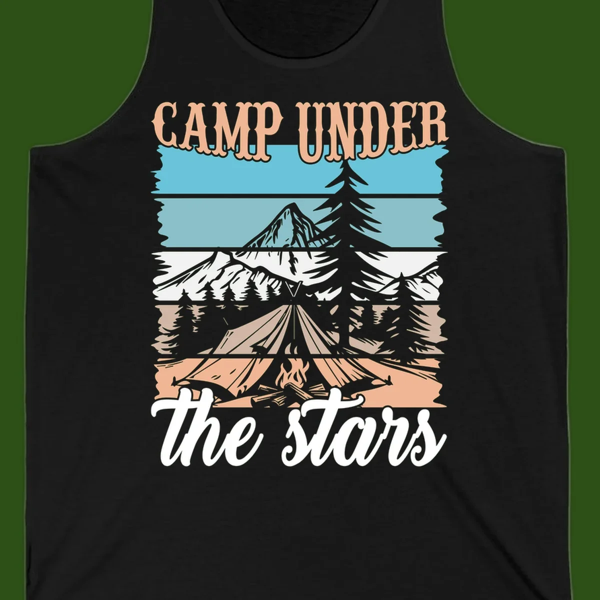 Layered camping scene illustration featuring campfire, tent, mountains, trees, and stars with 'Camp Under the Stars' text