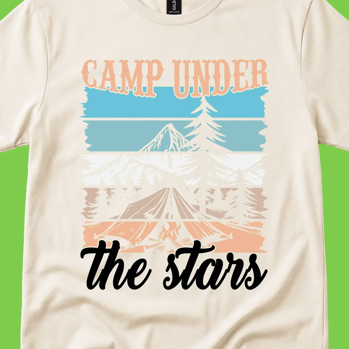 Layered camping scene illustration featuring campfire, tent, mountains, trees, and stars with 'Camp Under the Stars' text