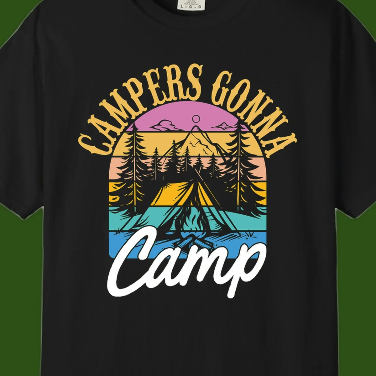 Retro sunset-striped camping design with layered trees, tent, and mountains in vintage 70s color palette