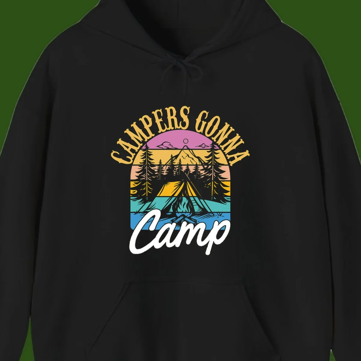 Retro sunset-striped camping design with layered trees, tent, and mountains in vintage 70s color palette