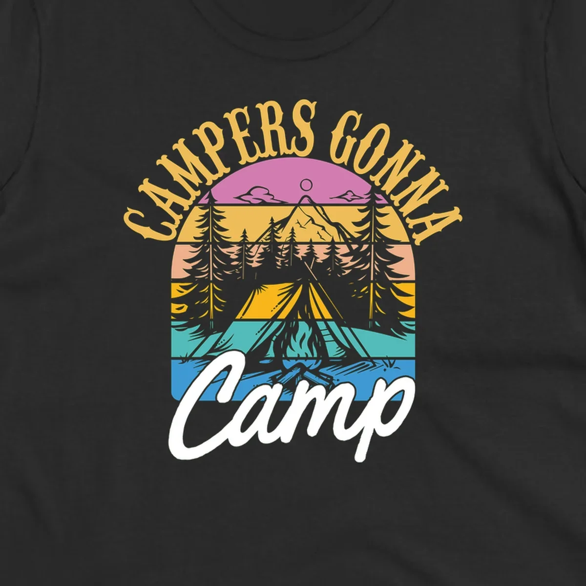 Retro sunset-striped camping design with layered trees, tent, and mountains in vintage 70s color palette