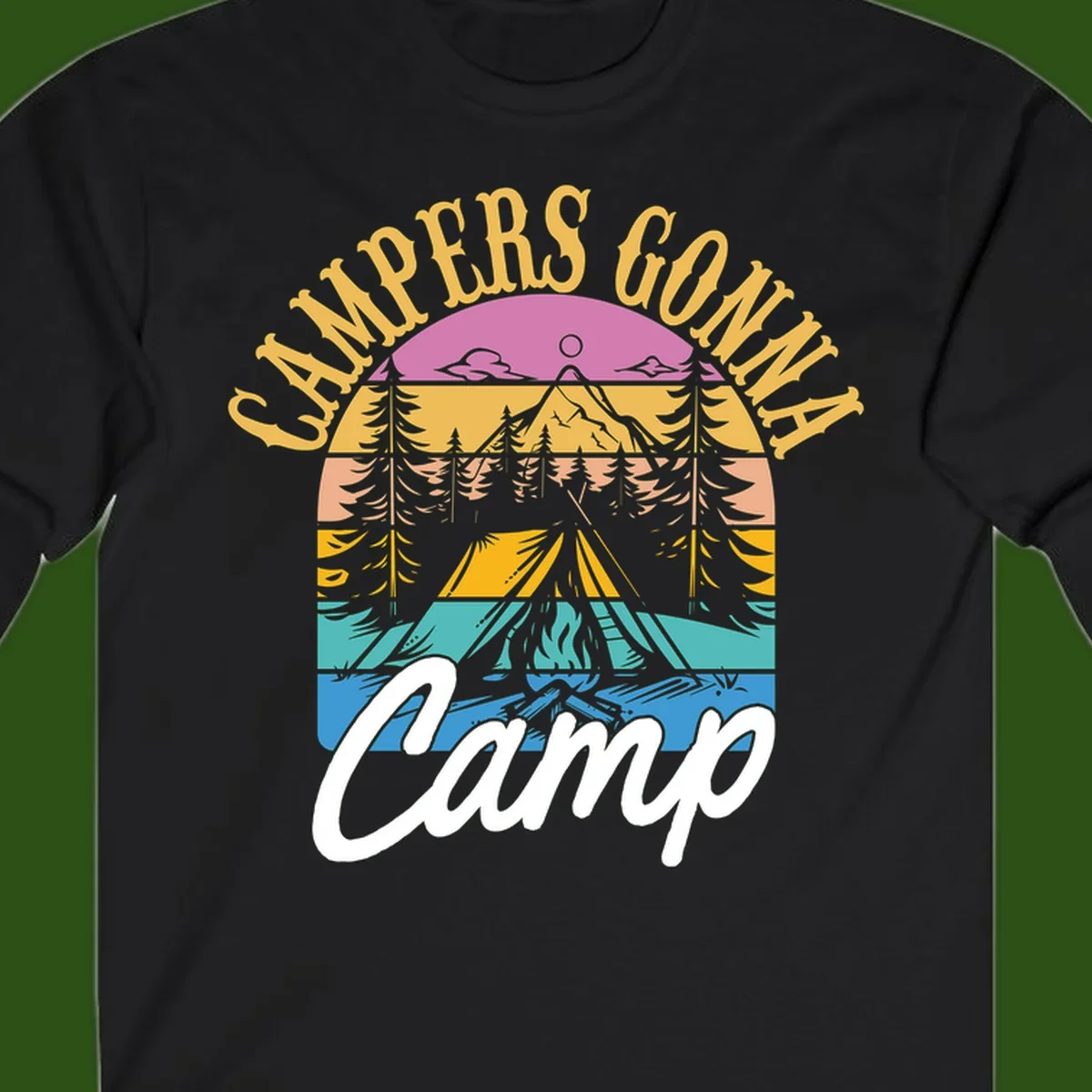 Retro sunset-striped camping design with layered trees, tent, and mountains in vintage 70s color palette