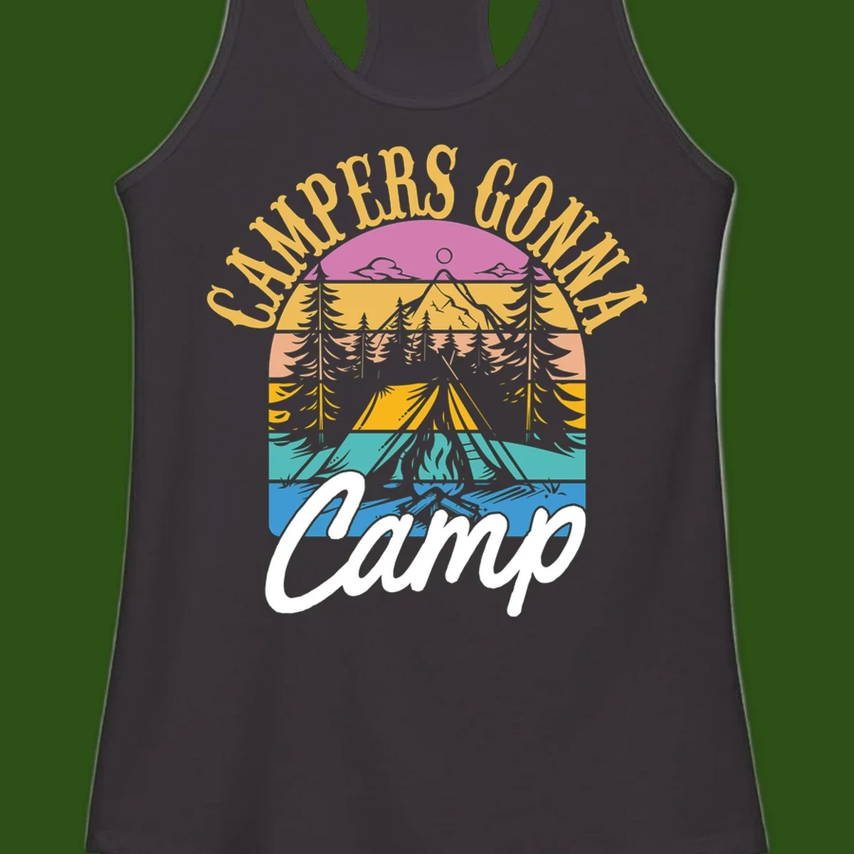 Retro sunset-striped camping design with layered trees, tent, and mountains in vintage 70s color palette