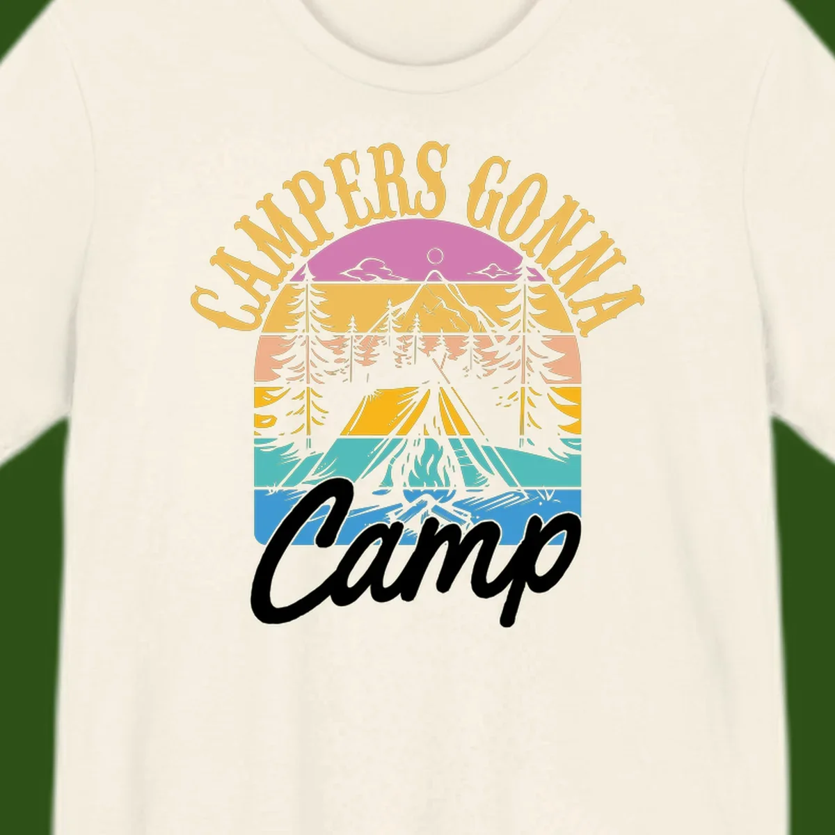 Retro sunset-striped camping design with layered trees, tent, and mountains in vintage 70s color palette