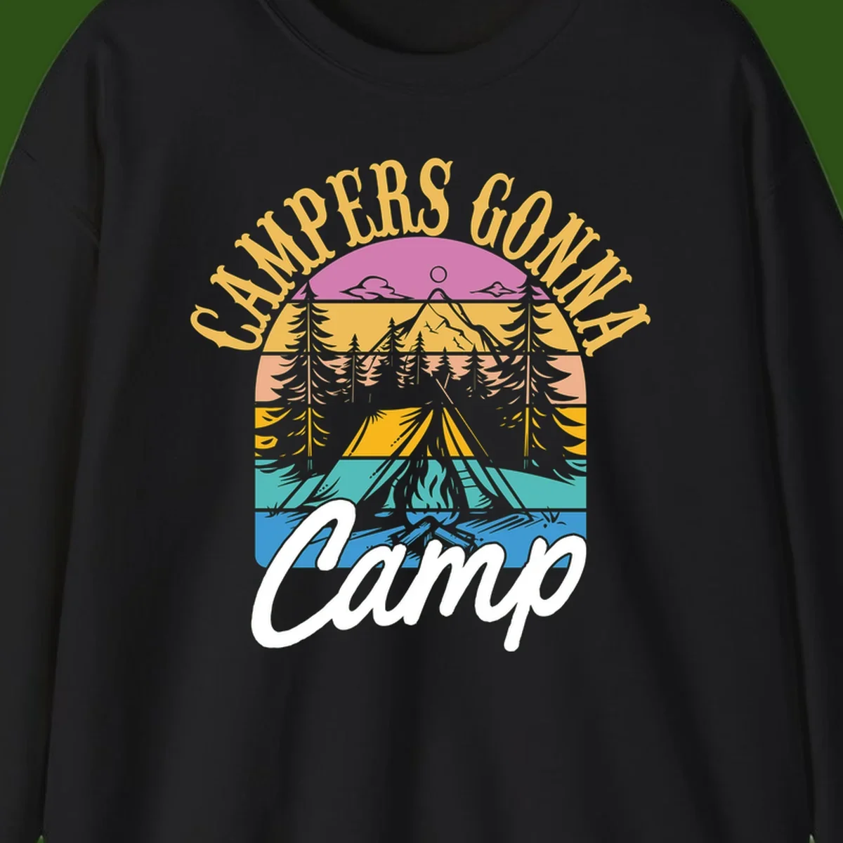 Retro sunset-striped camping design with layered trees, tent, and mountains in vintage 70s color palette