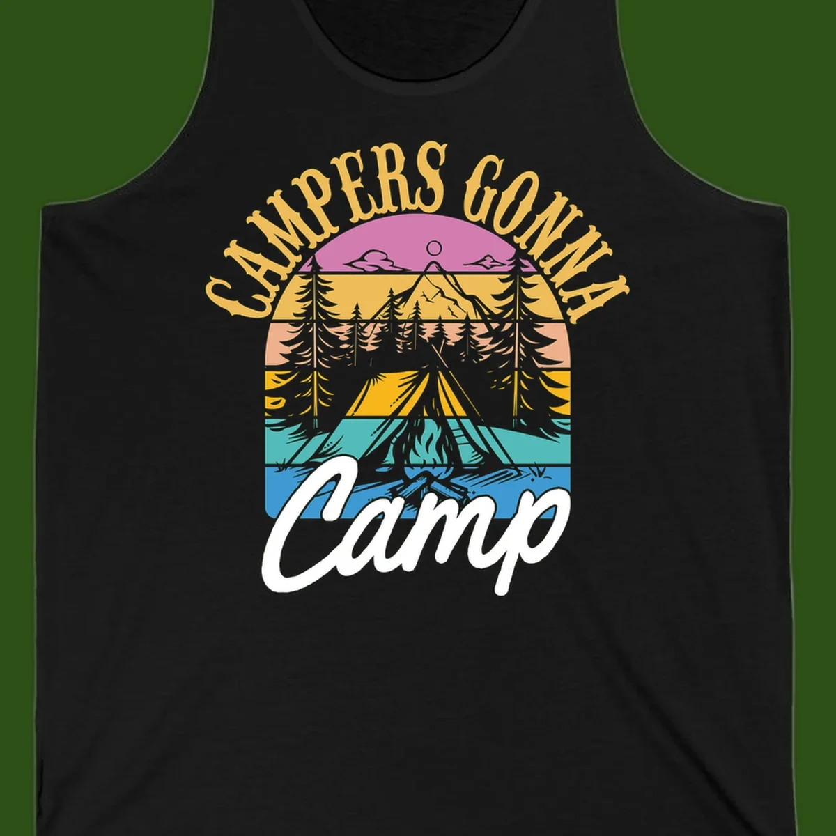 Retro sunset-striped camping design with layered trees, tent, and mountains in vintage 70s color palette