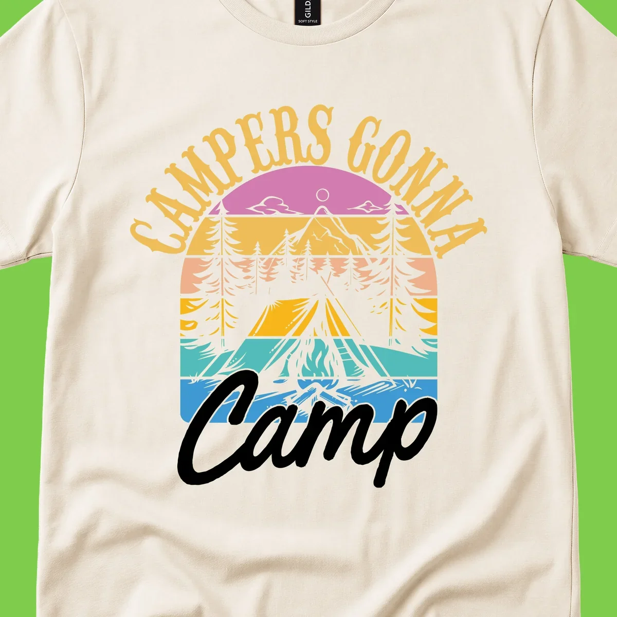 Retro sunset-striped camping design with layered trees, tent, and mountains in vintage 70s color palette