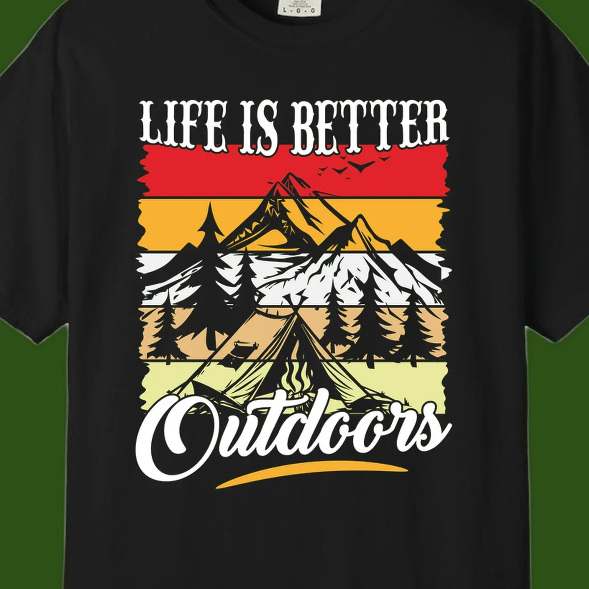 Life is better outdoors design featuring mountains, pine trees, tent and campfire across colorful horizontal stripes with white text