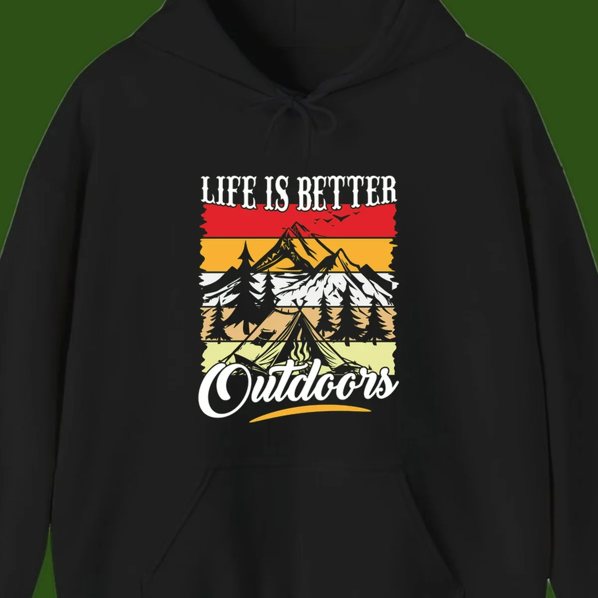 Life is better outdoors design featuring mountains, pine trees, tent and campfire across colorful horizontal stripes with white text