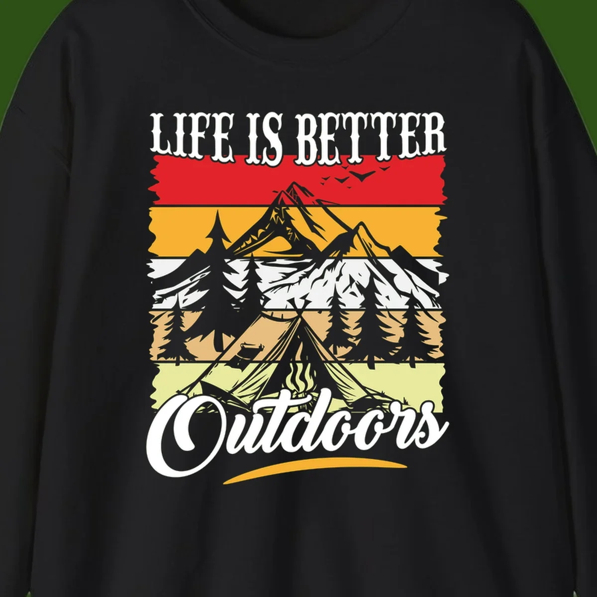 Life is better outdoors design featuring mountains, pine trees, tent and campfire across colorful horizontal stripes with white text