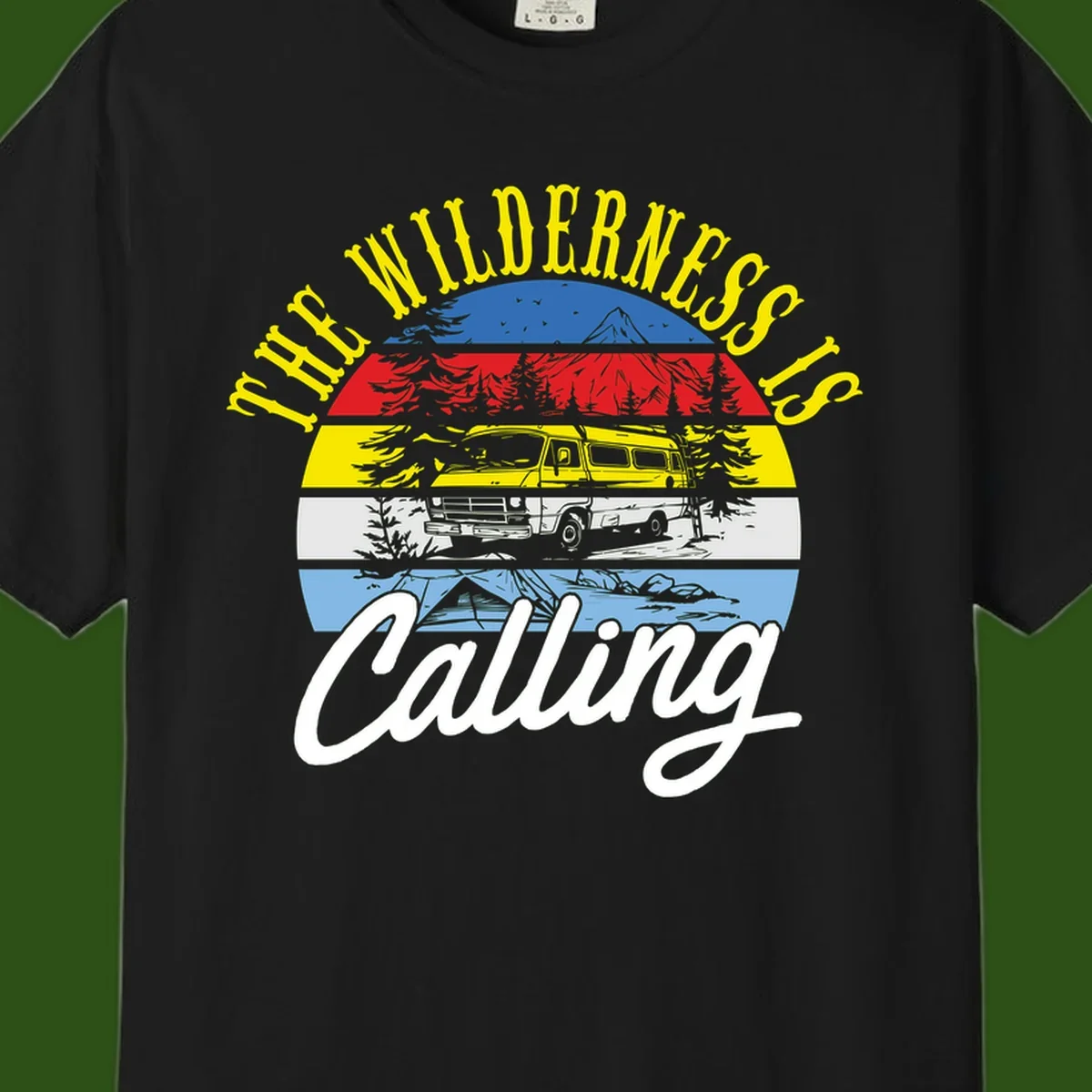 Wilderness is calling design with striped landscape, mountain, forest trees, and yellow camper van illustration