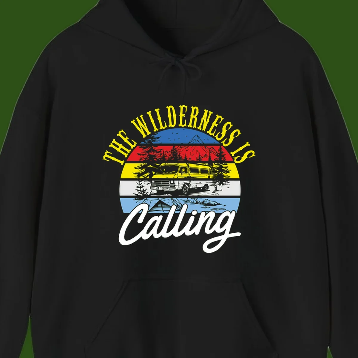 Wilderness is calling design with striped landscape, mountain, forest trees, and yellow camper van illustration