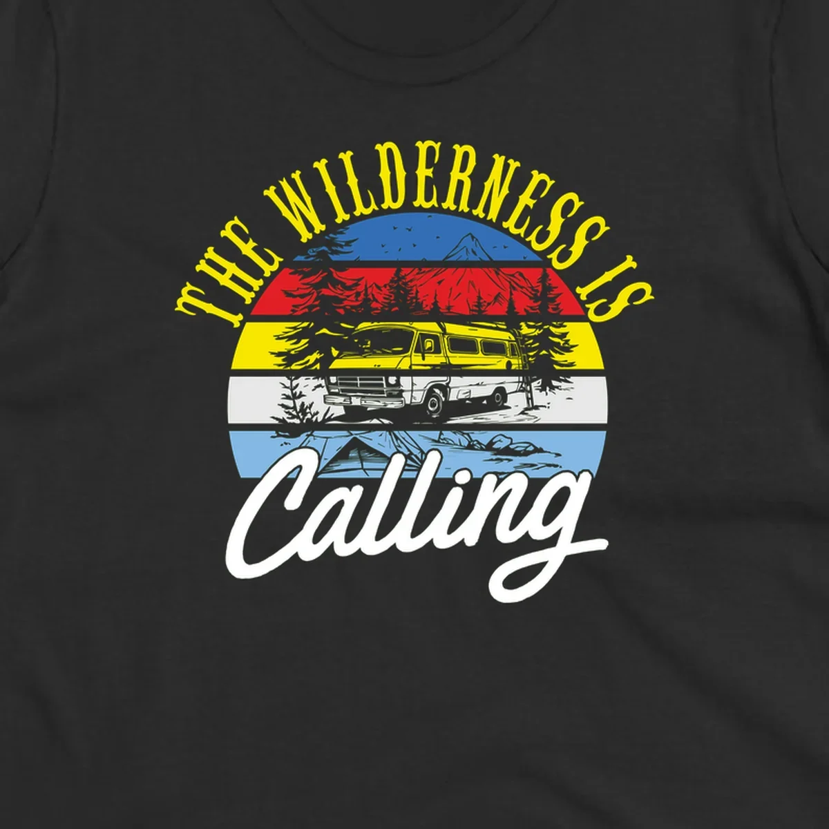 Wilderness is calling design with striped landscape, mountain, forest trees, and yellow camper van illustration