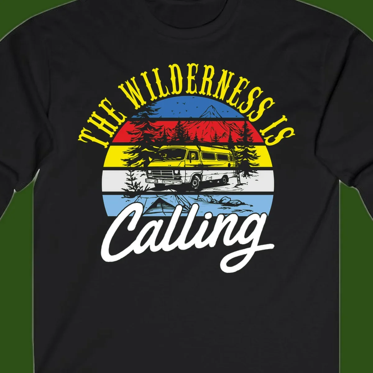 Wilderness is calling design with striped landscape, mountain, forest trees, and yellow camper van illustration