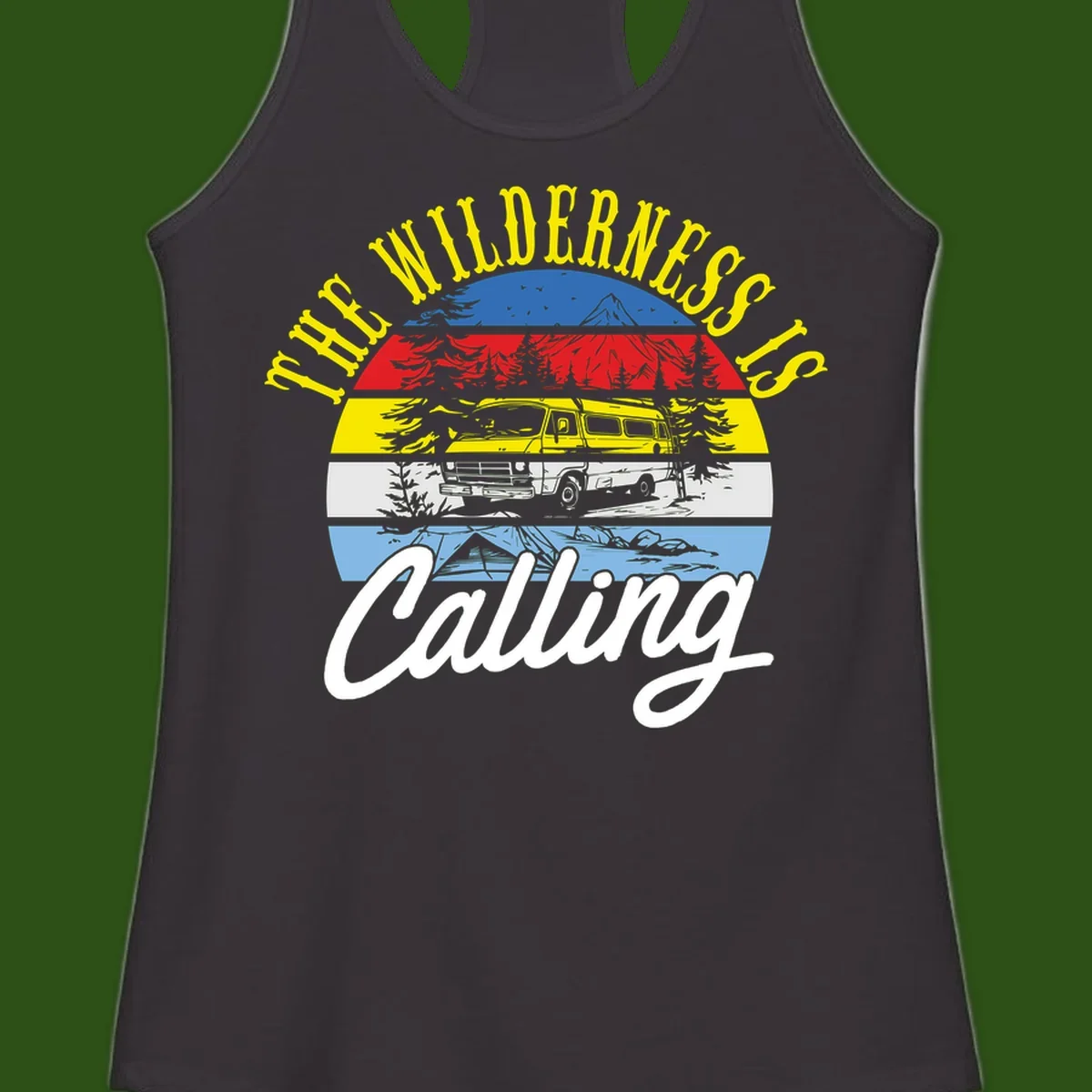 Wilderness is calling design with striped landscape, mountain, forest trees, and yellow camper van illustration