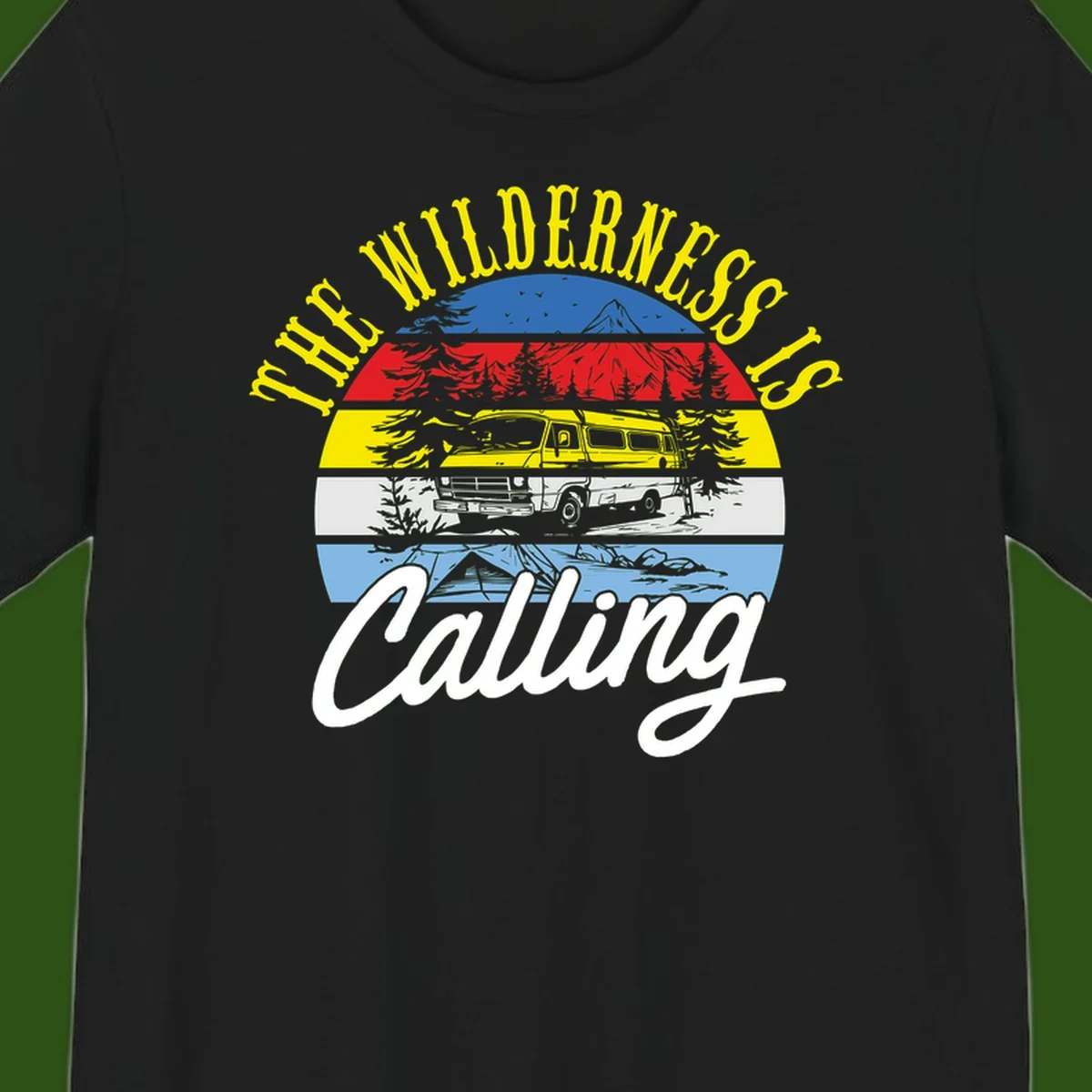 Wilderness is calling design with striped landscape, mountain, forest trees, and yellow camper van illustration