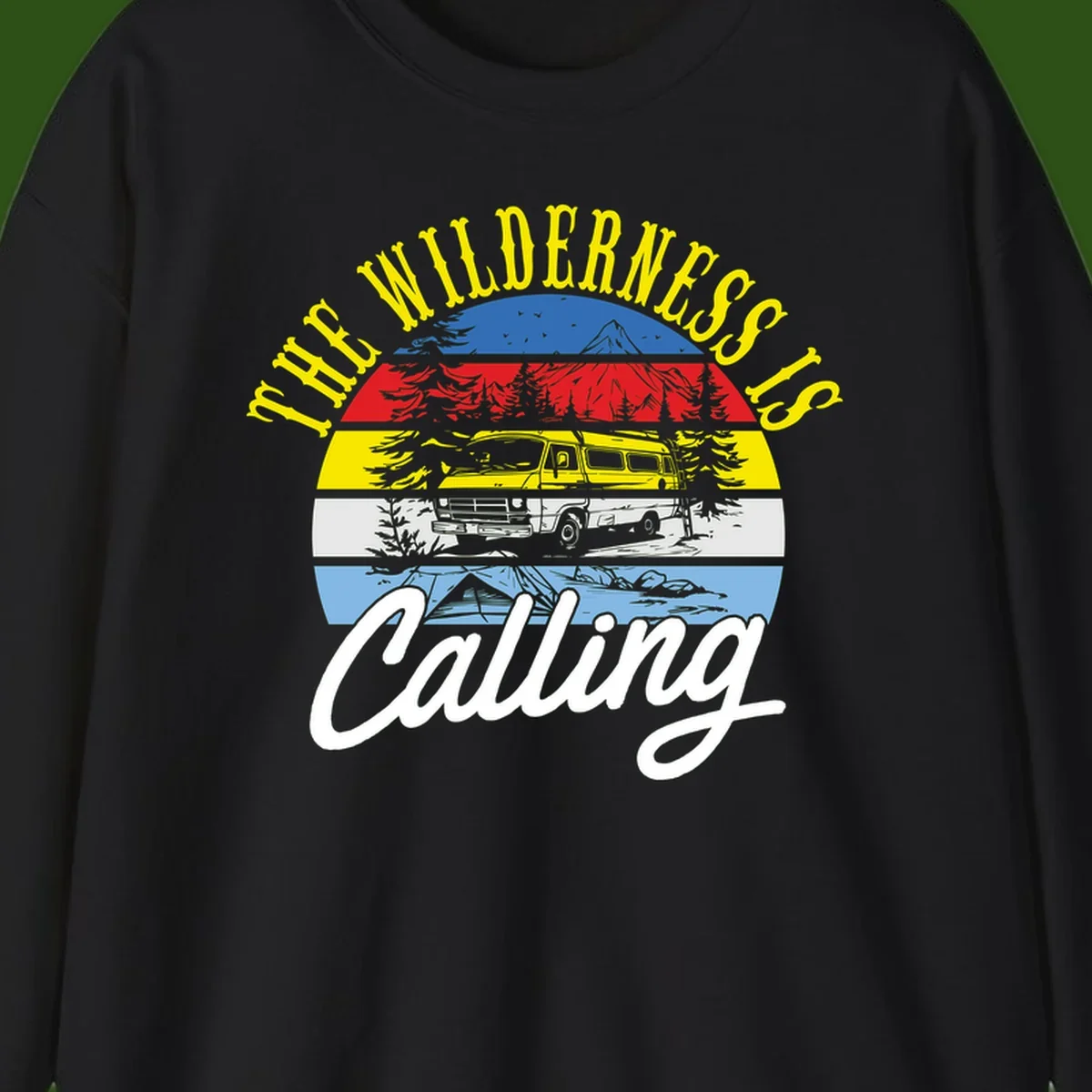 Wilderness is calling design with striped landscape, mountain, forest trees, and yellow camper van illustration