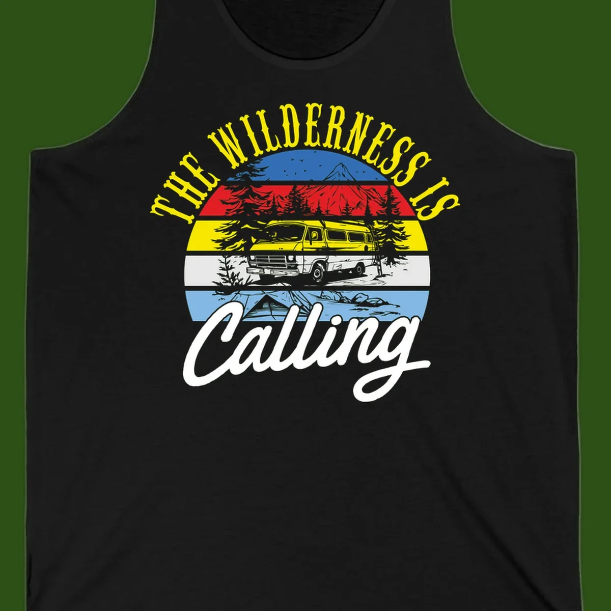 Wilderness is calling design with striped landscape, mountain, forest trees, and yellow camper van illustration
