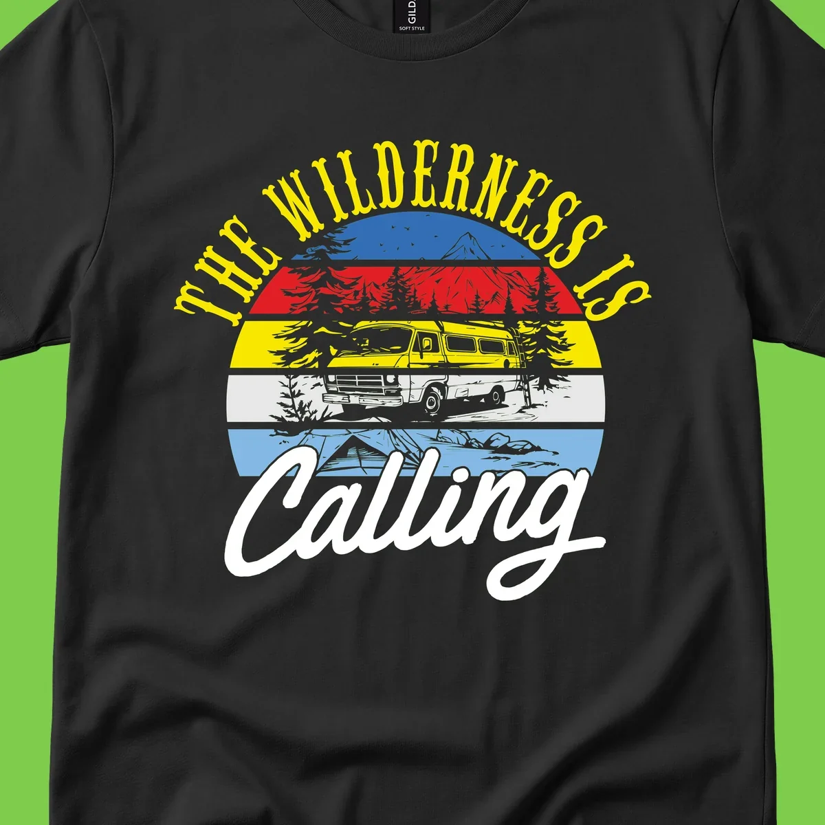 Wilderness is calling design with striped landscape, mountain, forest trees, and yellow camper van illustration