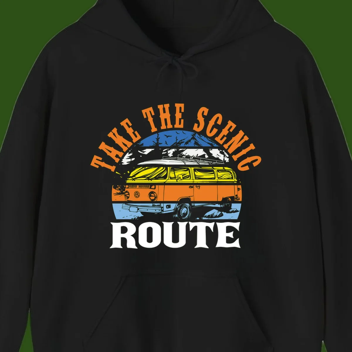 Stacked illustration showing mountain peak, kayak, VW camper bus, and vintage car with 'Hike The Seven Route' text for adventure travel apparel.