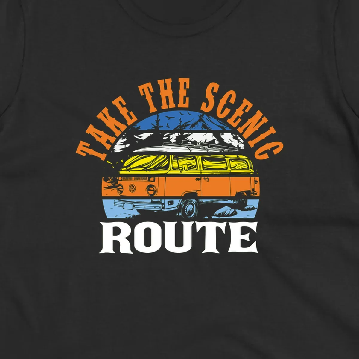 Stacked illustration showing mountain peak, kayak, VW camper bus, and vintage car with 'Hike The Seven Route' text for adventure travel apparel.