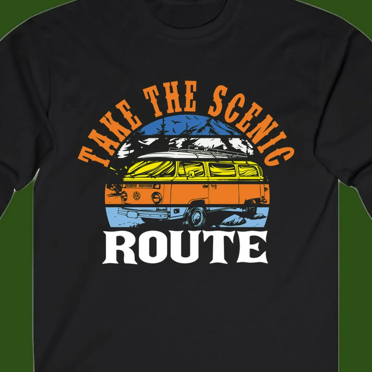 Stacked illustration showing mountain peak, kayak, VW camper bus, and vintage car with 'Hike The Seven Route' text for adventure travel apparel.
