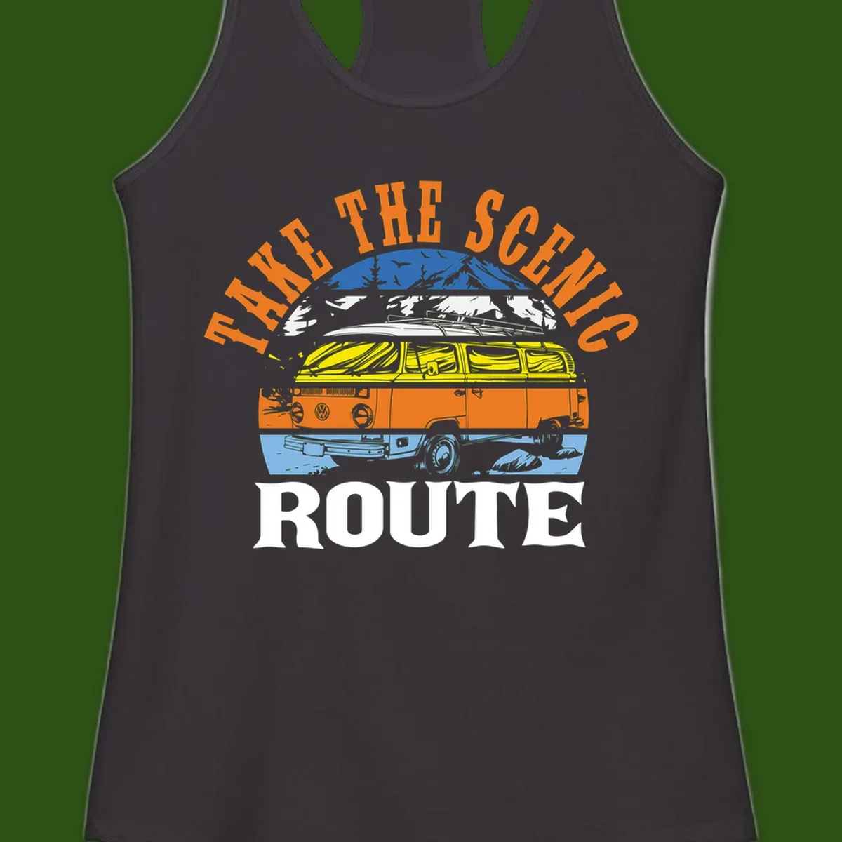 Stacked illustration showing mountain peak, kayak, VW camper bus, and vintage car with 'Hike The Seven Route' text for adventure travel apparel.