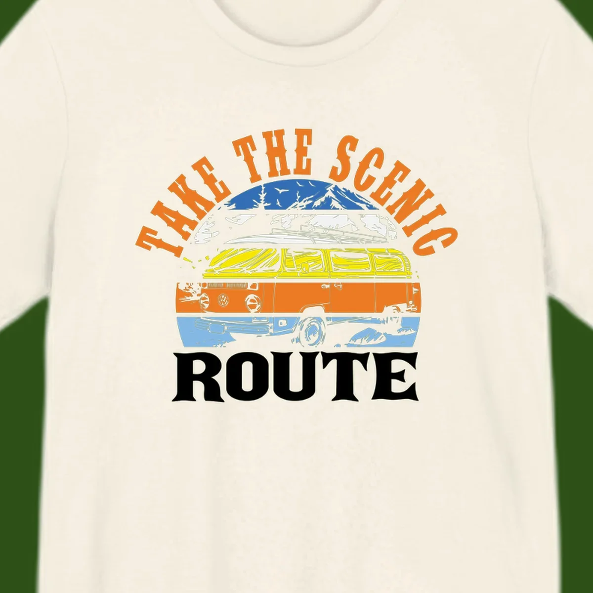 Stacked illustration showing mountain peak, kayak, VW camper bus, and vintage car with 'Hike The Seven Route' text for adventure travel apparel.