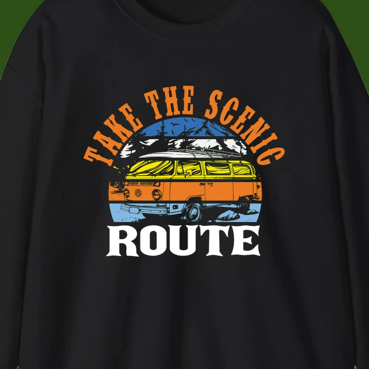 Stacked illustration showing mountain peak, kayak, VW camper bus, and vintage car with 'Hike The Seven Route' text for adventure travel apparel.