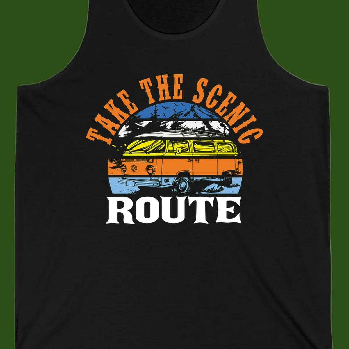 Stacked illustration showing mountain peak, kayak, VW camper bus, and vintage car with 'Hike The Seven Route' text for adventure travel apparel.